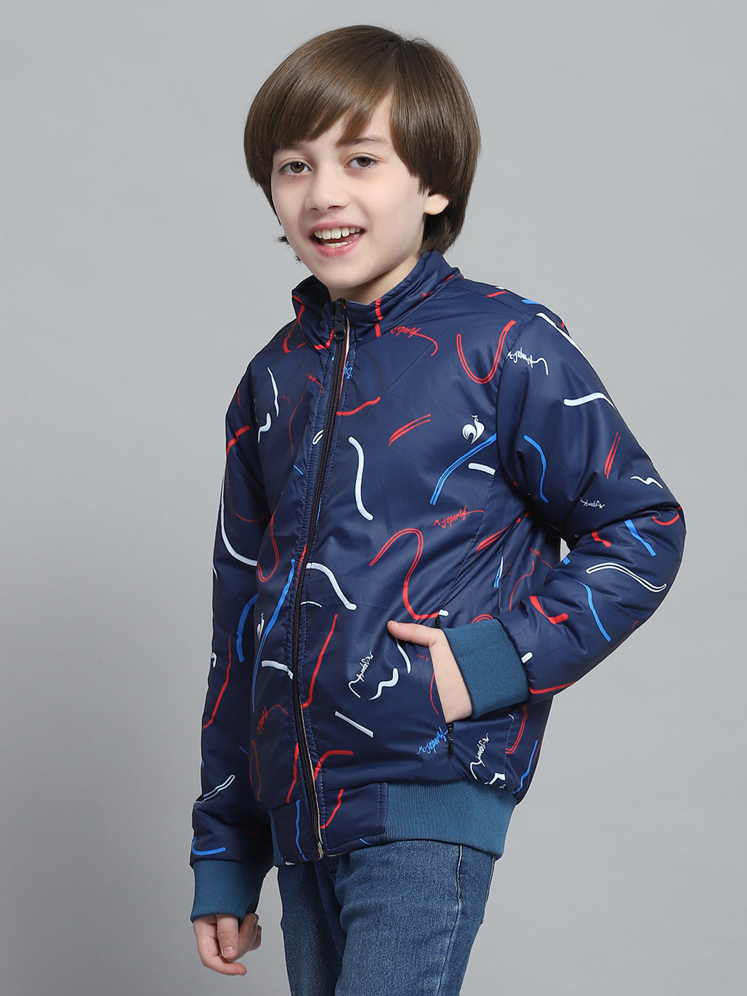 Boys White & Rust Printed Mock Neck Full Sleeve Reversible Jacket