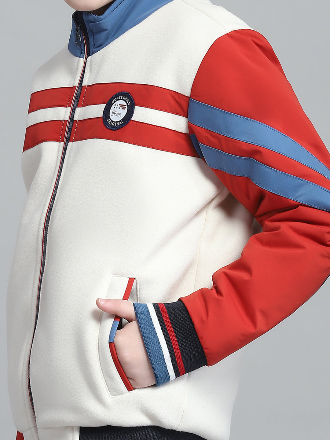 Boys White & Rust Printed Mock Neck Full Sleeve Reversible Jacket