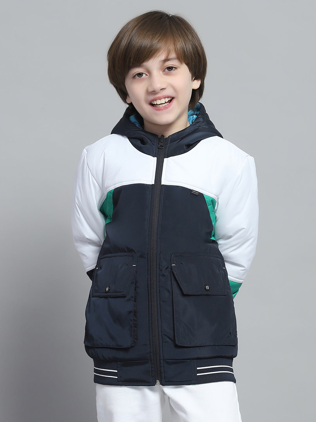 Boys Navy Blue & White Printed Hooded Full Sleeve Reversible Jacket