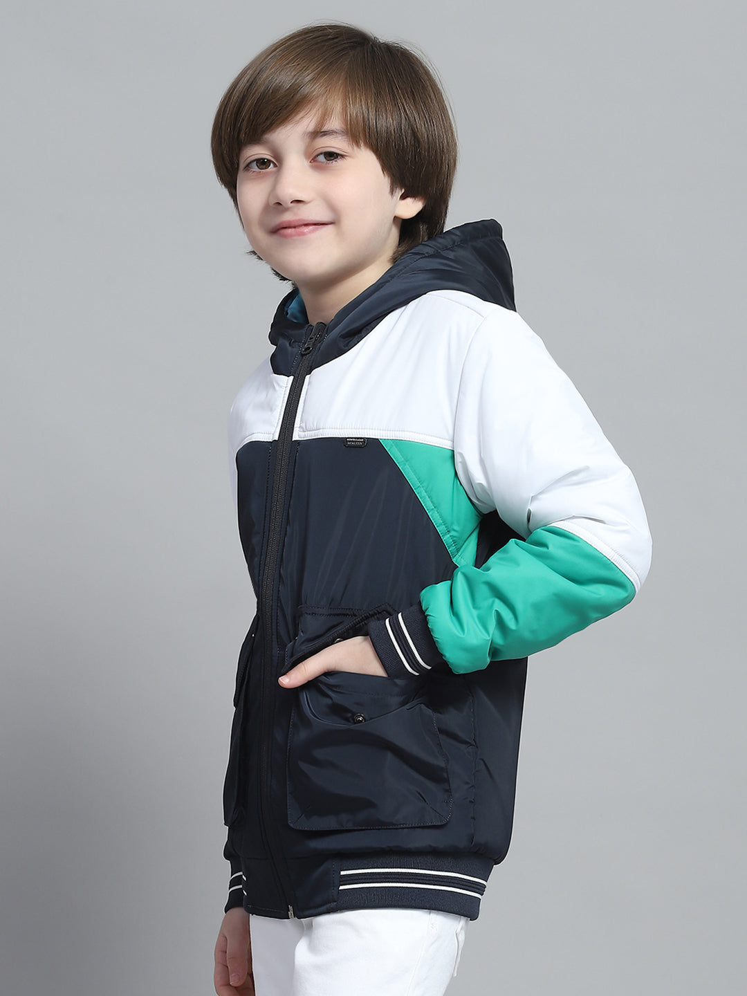 Boys Navy Blue & White Printed Hooded Full Sleeve Reversible Jacket