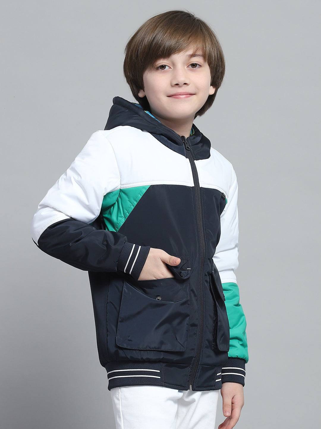 Boys Navy Blue & White Printed Hooded Full Sleeve Reversible Jacket