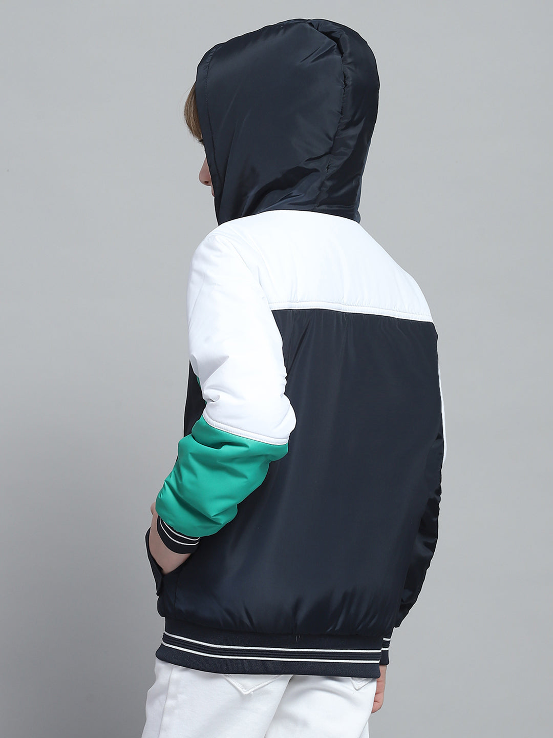 Boys Navy Blue & White Printed Hooded Full Sleeve Reversible Jacket