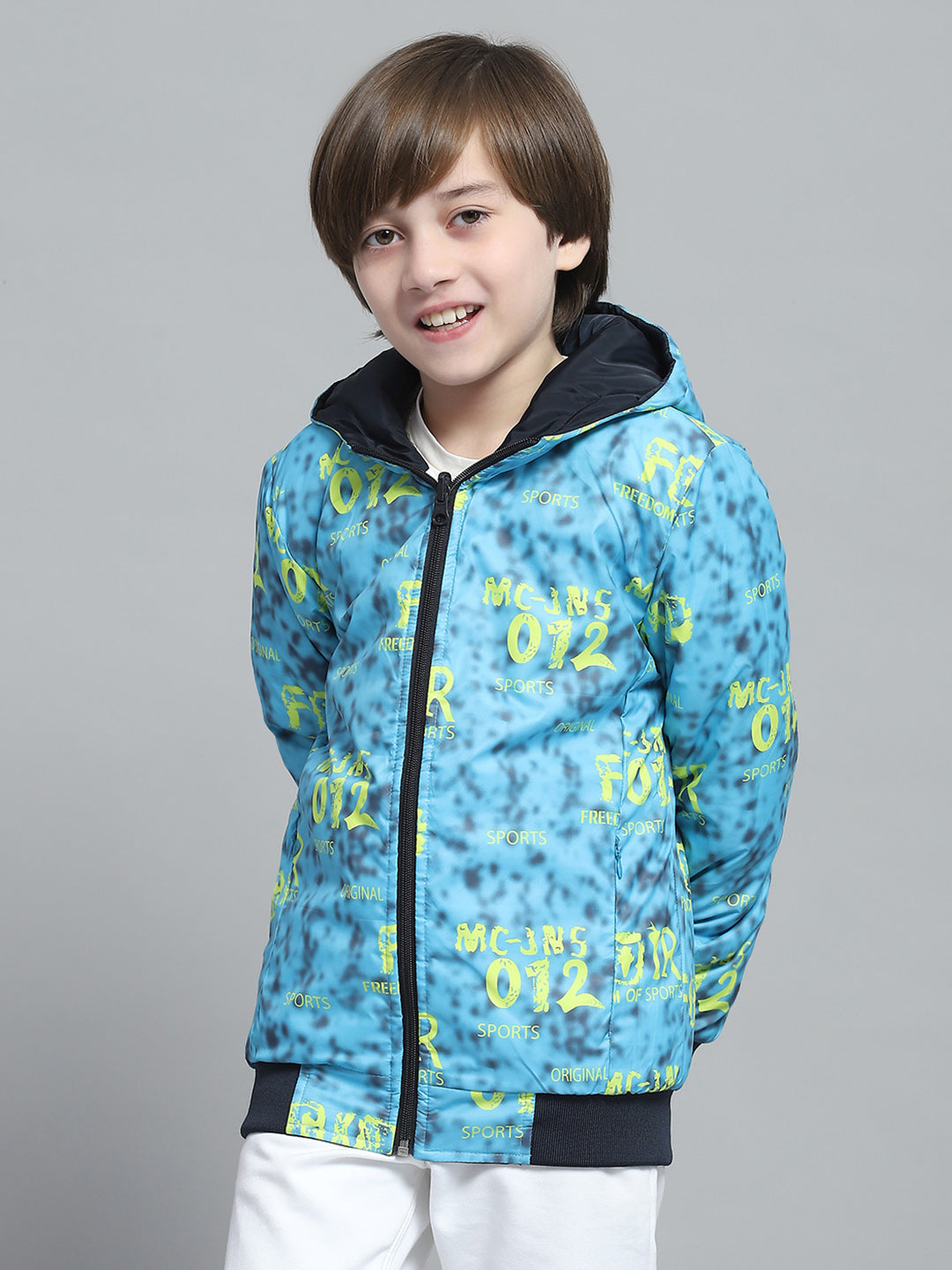 Boys Navy Blue & White Printed Hooded Full Sleeve Reversible Jacket