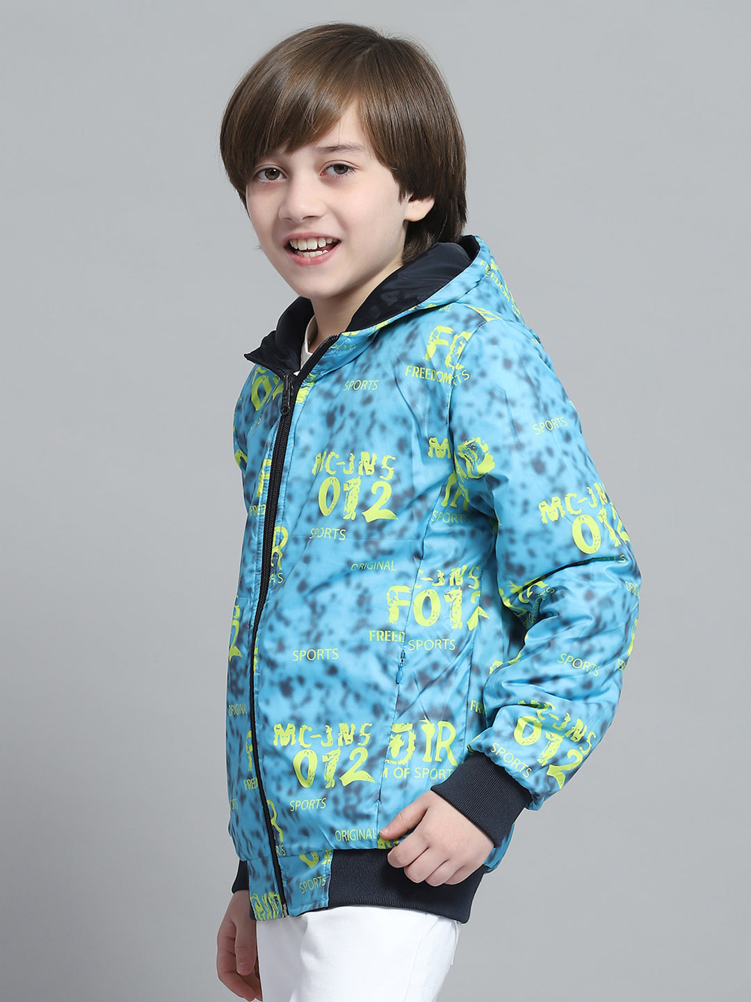 Boys Navy Blue & White Printed Hooded Full Sleeve Reversible Jacket