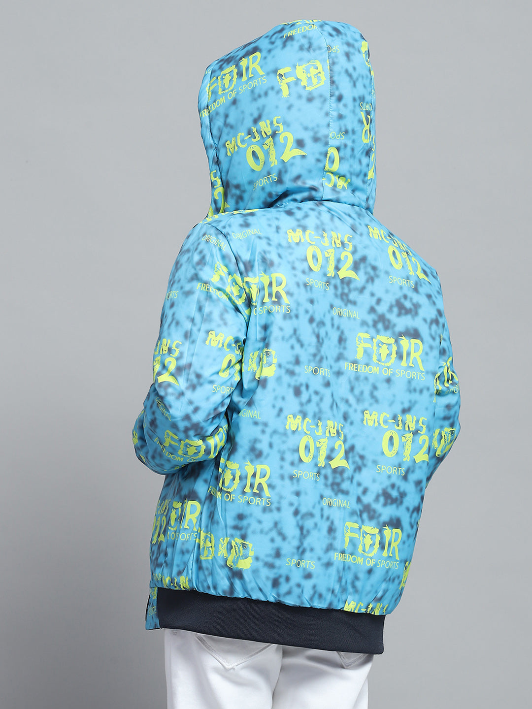 Boys Navy Blue & White Printed Hooded Full Sleeve Reversible Jacket