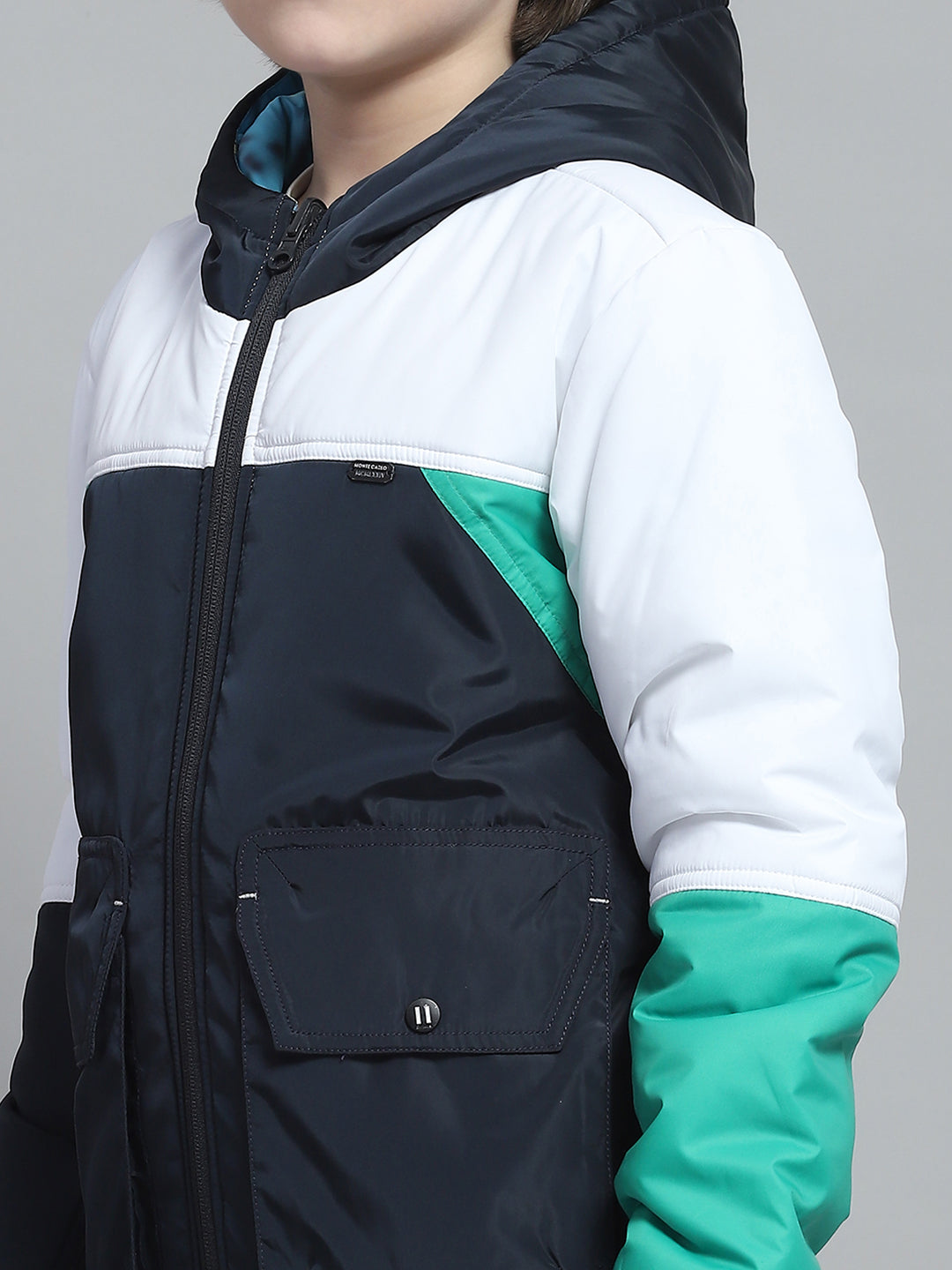 Boys Navy Blue & White Printed Hooded Full Sleeve Reversible Jacket