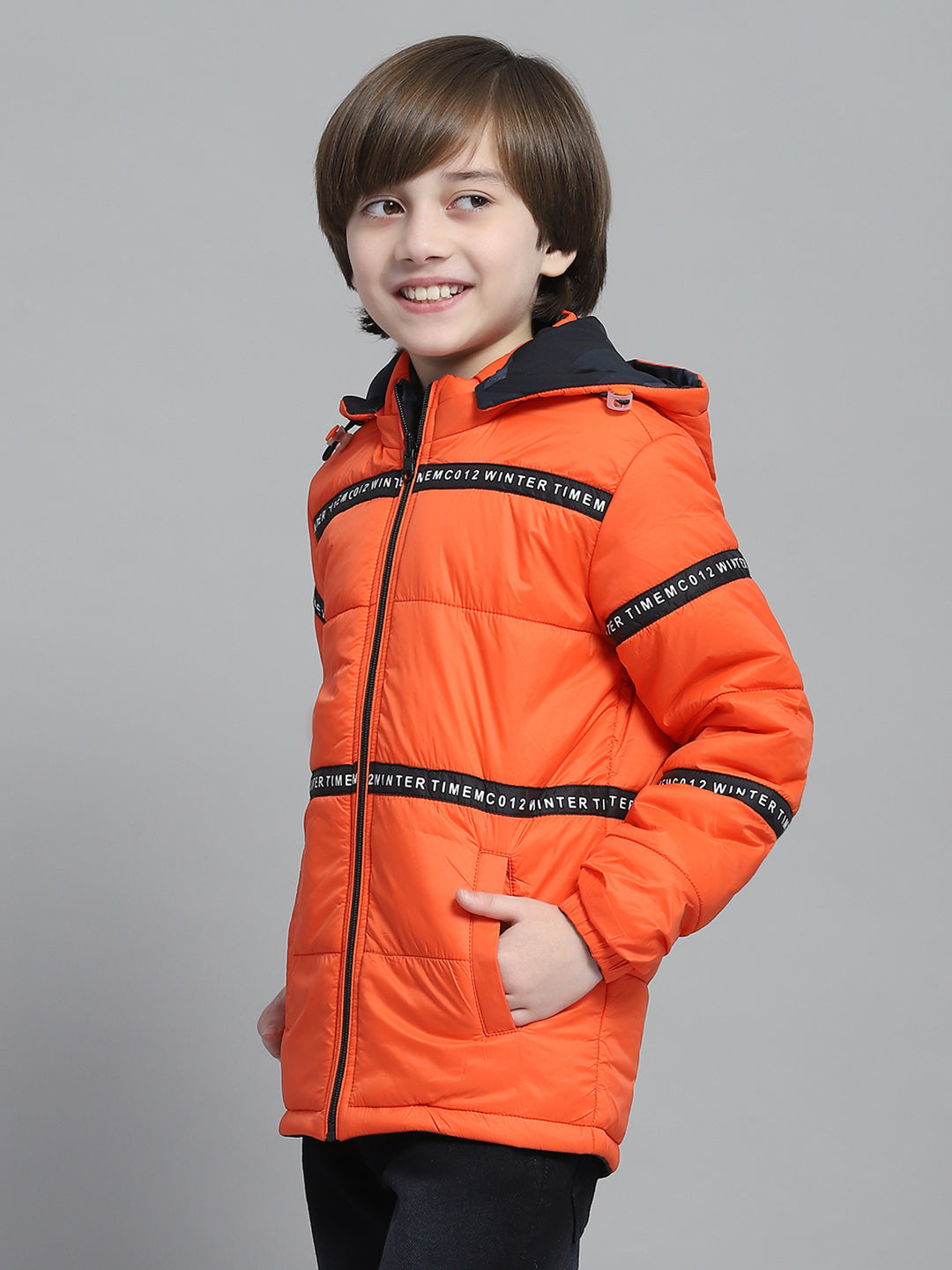 Boys Navy Blue & Orange Printed Hooded Full Sleeve Reversible Jacket
