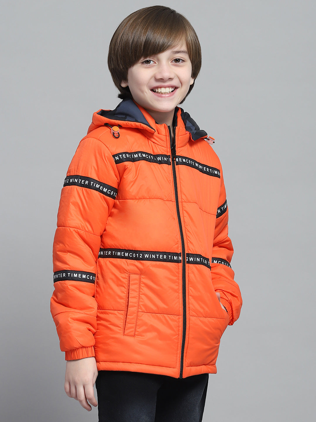 Boys Navy Blue & Orange Printed Hooded Full Sleeve Reversible Jacket