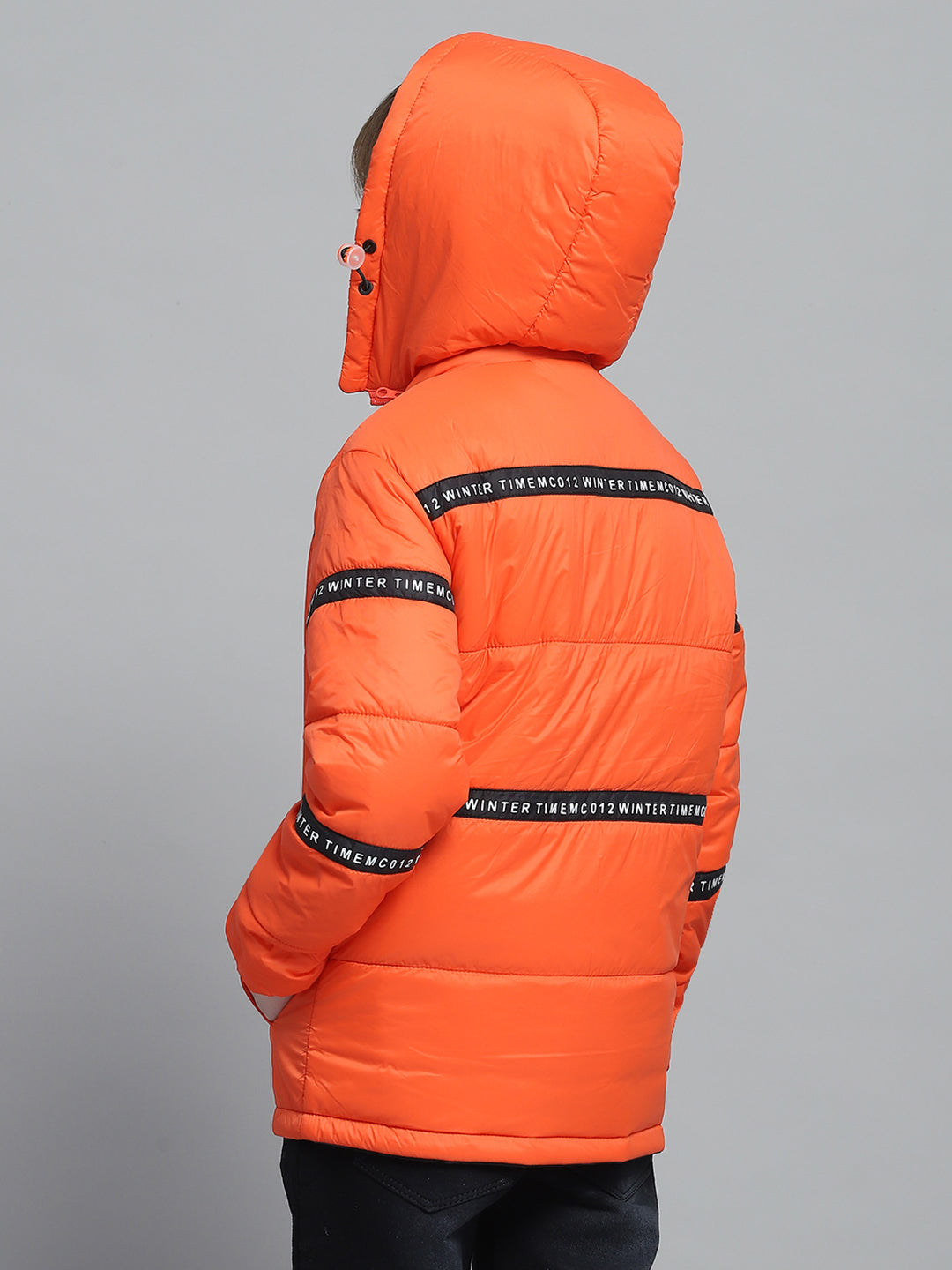 Boys Navy Blue & Orange Printed Hooded Full Sleeve Reversible Jacket