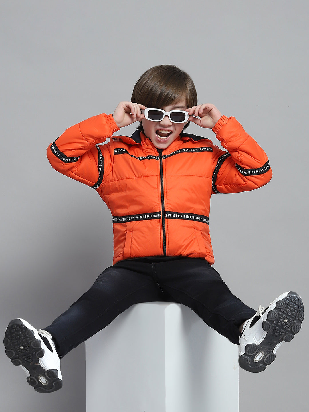Boys Navy Blue & Orange Printed Hooded Full Sleeve Reversible Jacket