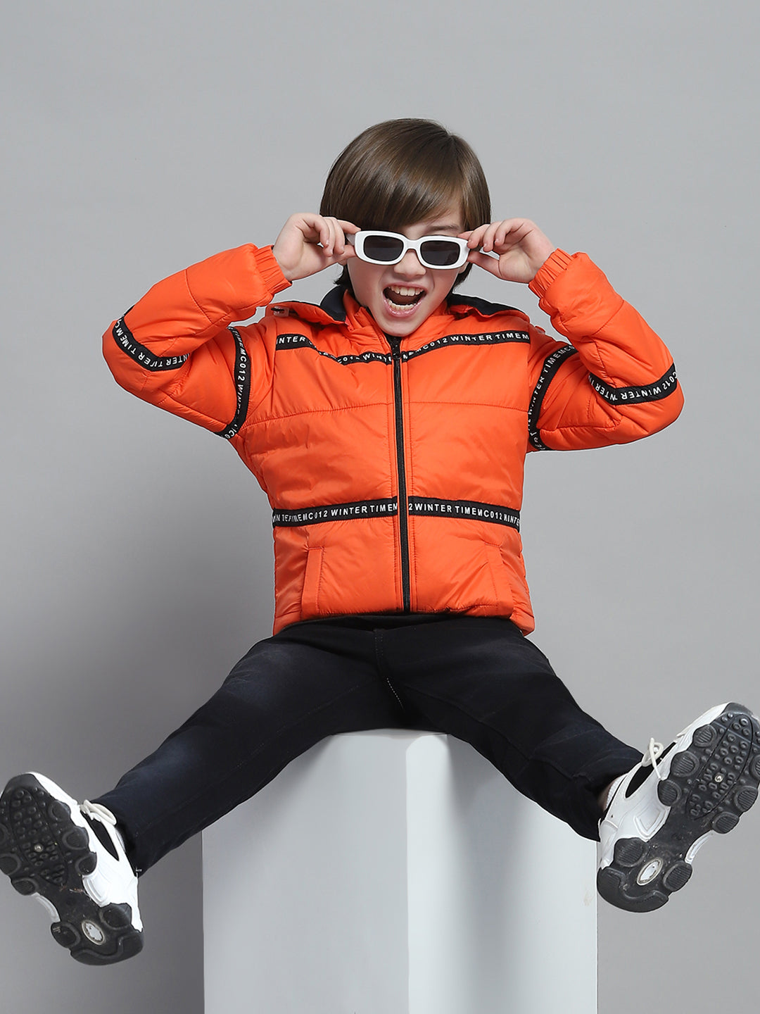 Boys Orange Solid Hooded Full Sleeve Reversible Jacket