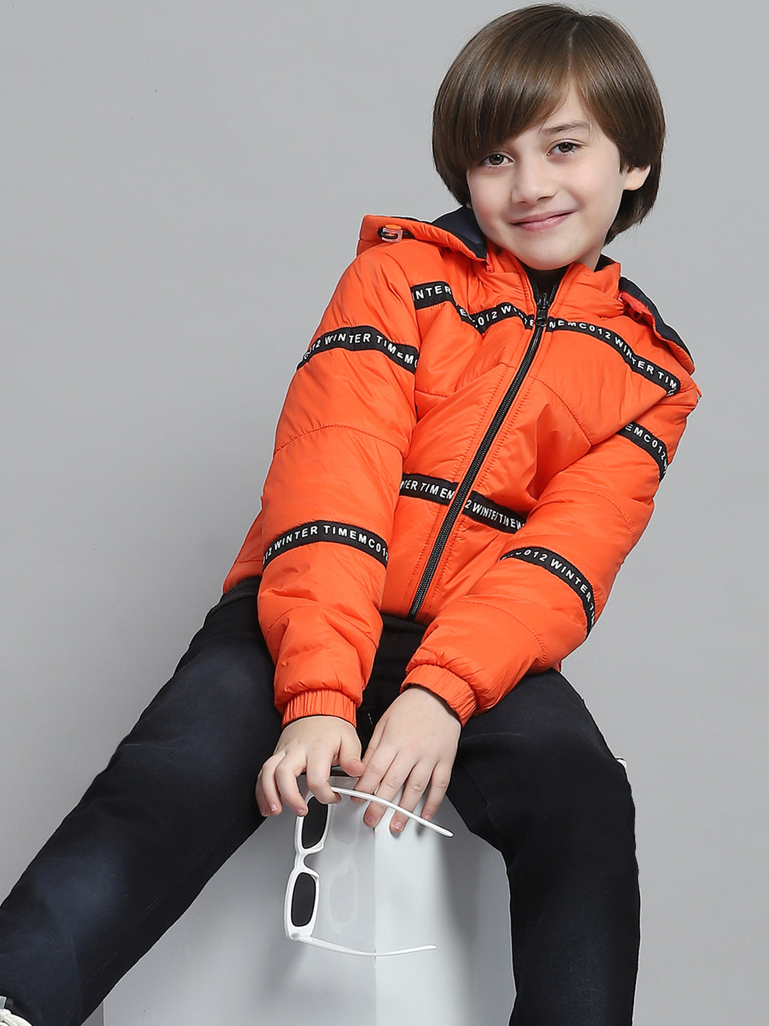 Boys Orange Solid Hooded Full Sleeve Reversible Jacket