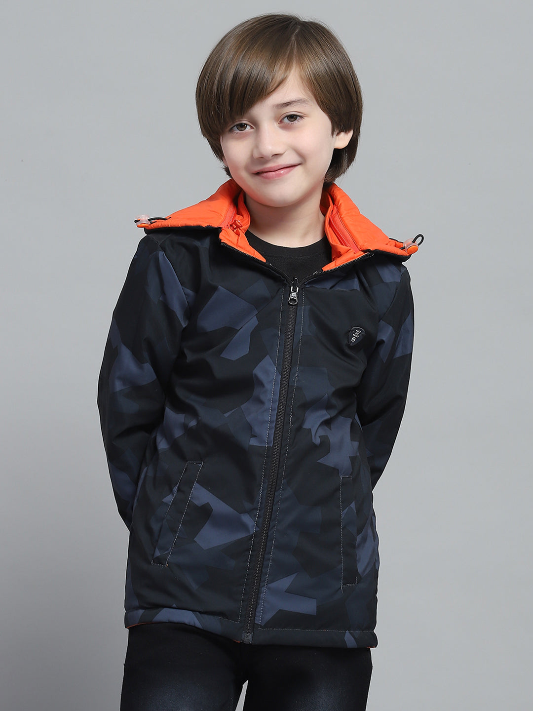 Boys Navy Blue & Orange Printed Hooded Full Sleeve Reversible Jacket