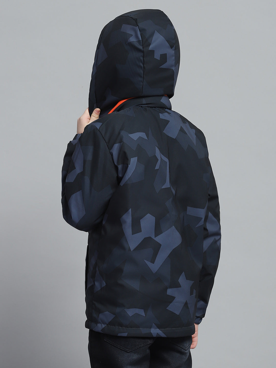 Boys Navy Blue & Orange Printed Hooded Full Sleeve Reversible Jacket