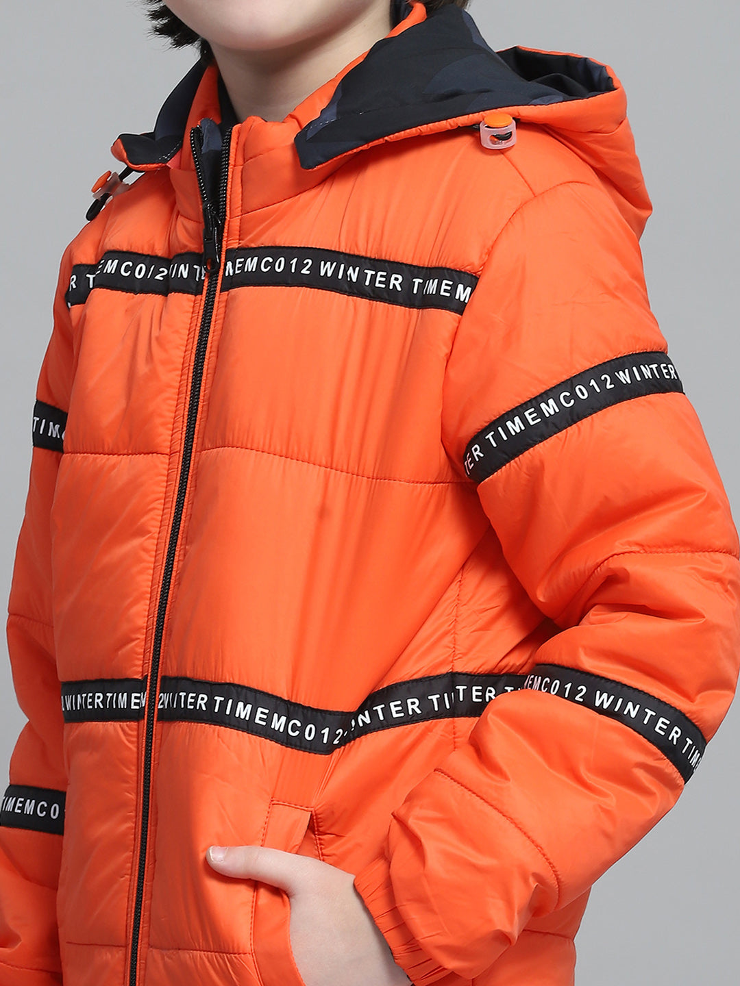 Boys Navy Blue & Orange Printed Hooded Full Sleeve Reversible Jacket