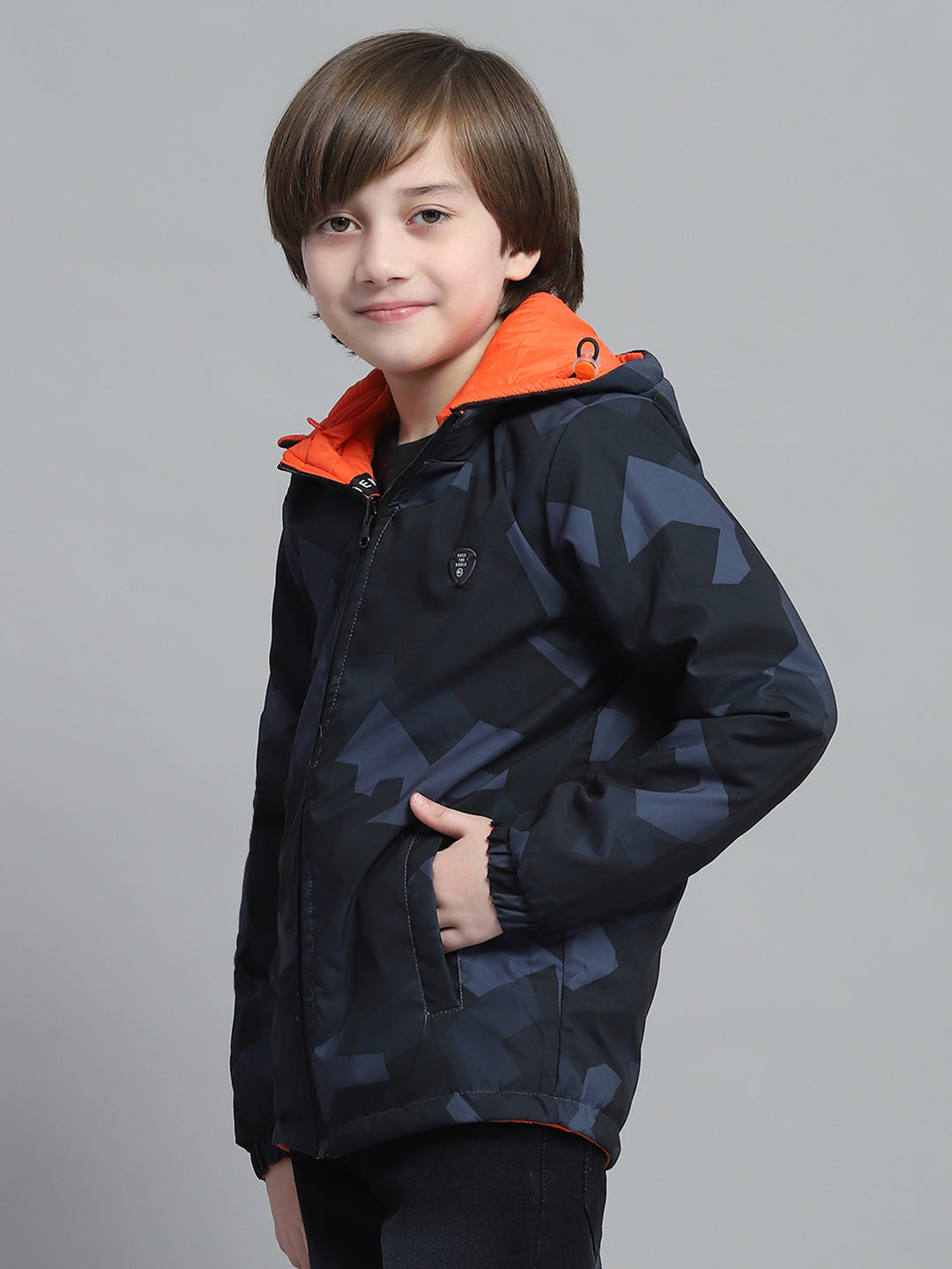 Boys Navy Blue & Orange Printed Hooded Full Sleeve Reversible Jacket