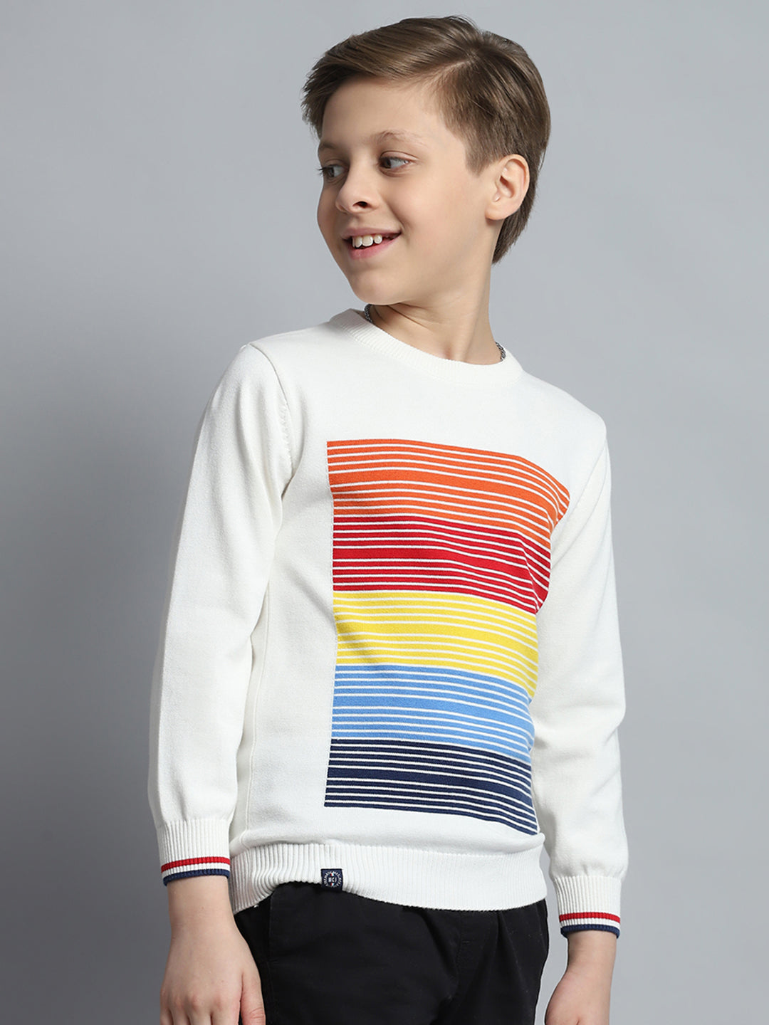 Boys Off White Self Design Round Neck Full Sleeve Pullover