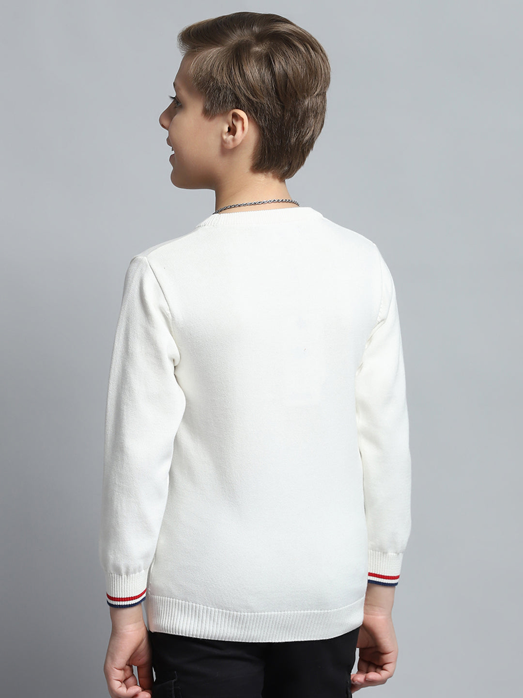 Boys Off White Self Design Round Neck Full Sleeve Pullover