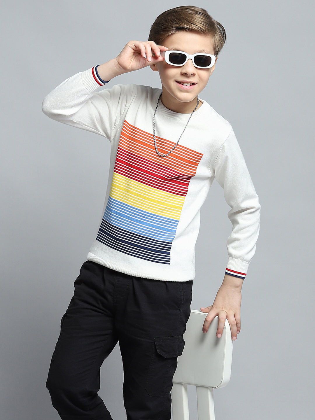 Boys Off White Self Design Round Neck Full Sleeve Pullover