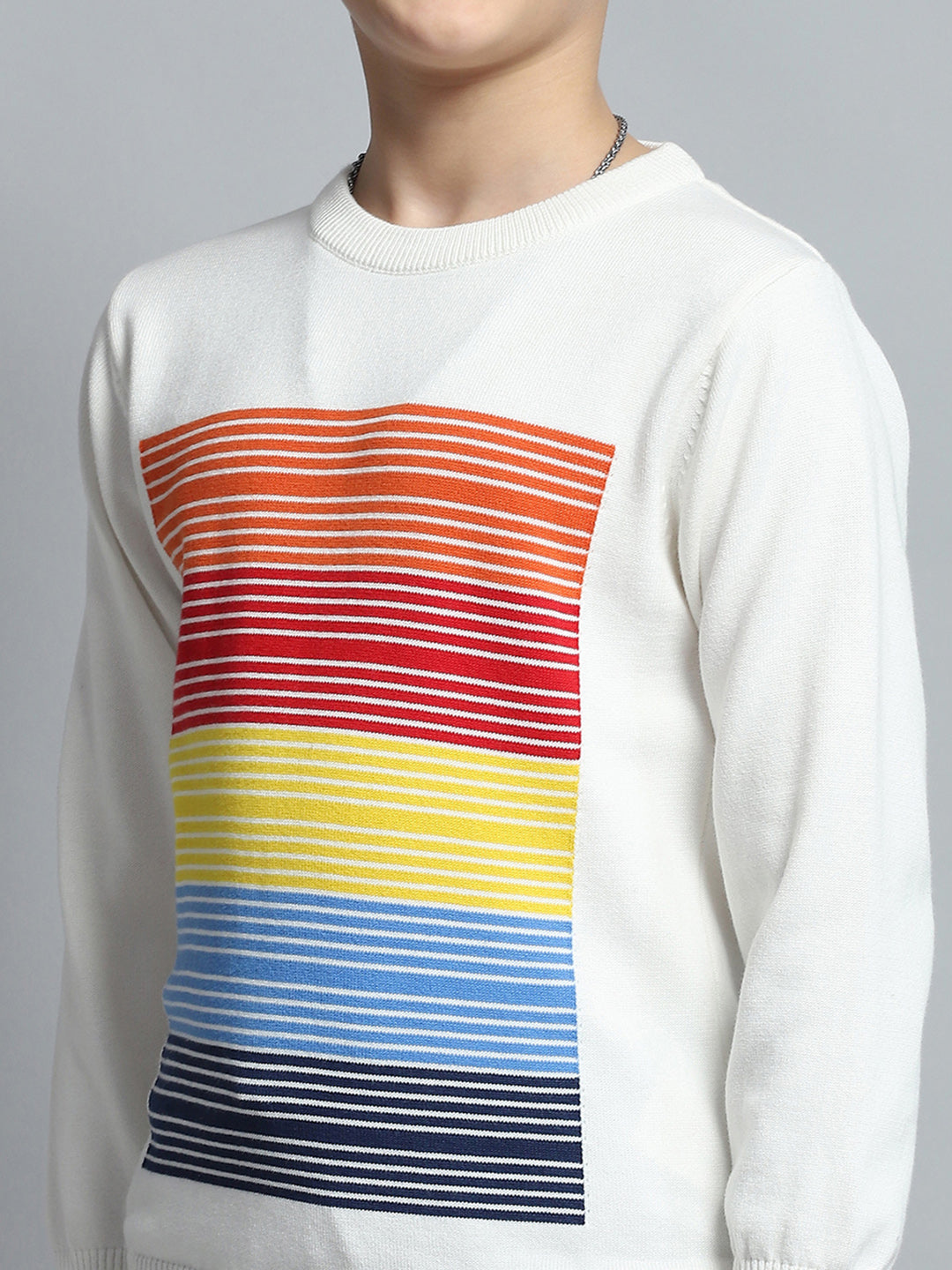 Boys Off White Self Design Round Neck Full Sleeve Pullover