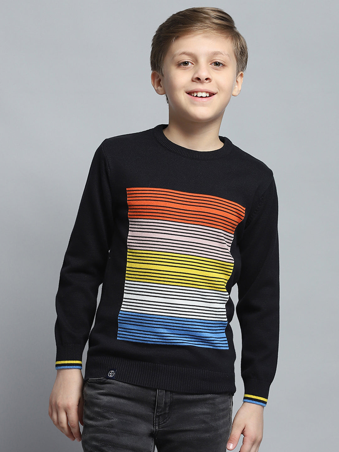 Boys Black Self Design Round Neck Full Sleeve Pullover