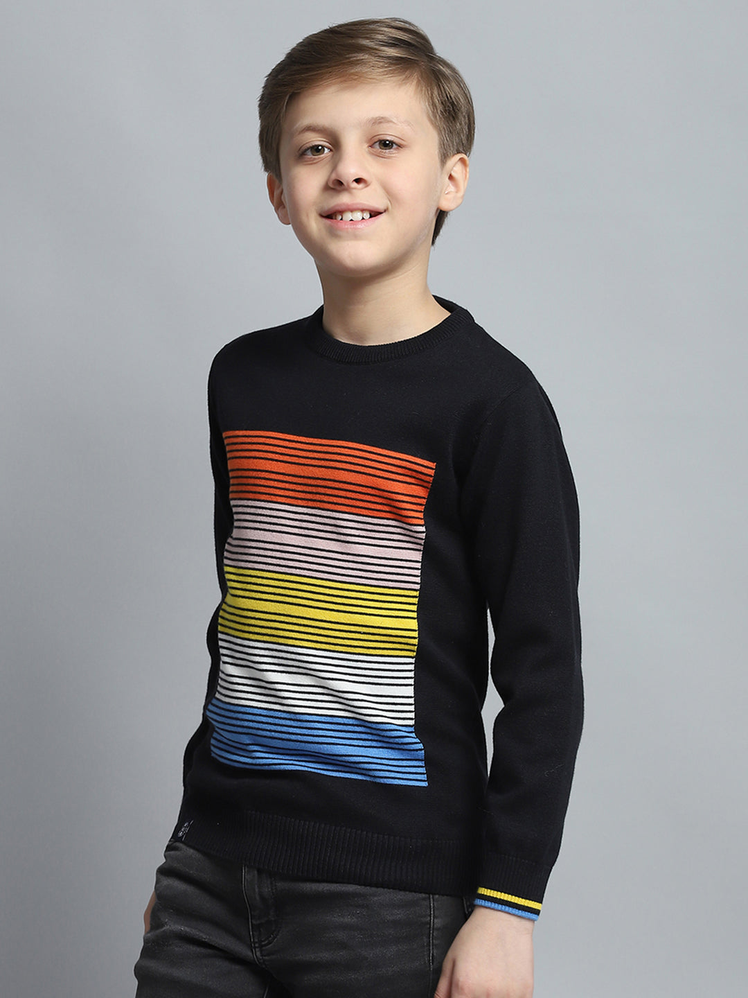 Boys Black Self Design Round Neck Full Sleeve Pullover