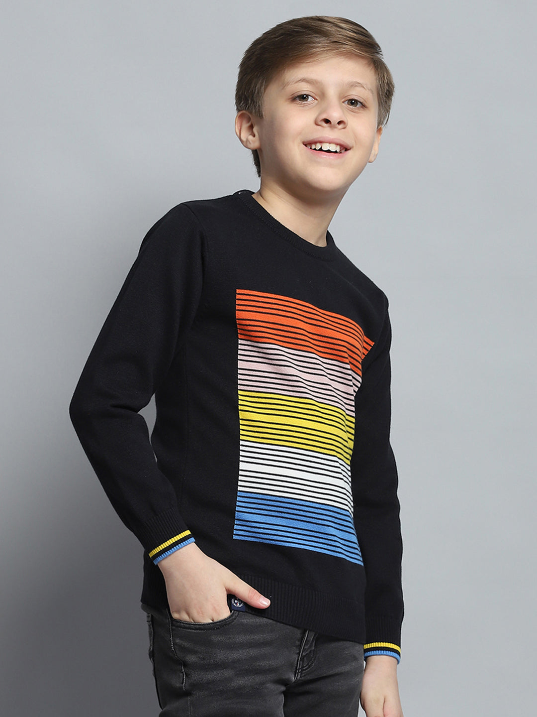 Boys Black Self Design Round Neck Full Sleeve Pullover