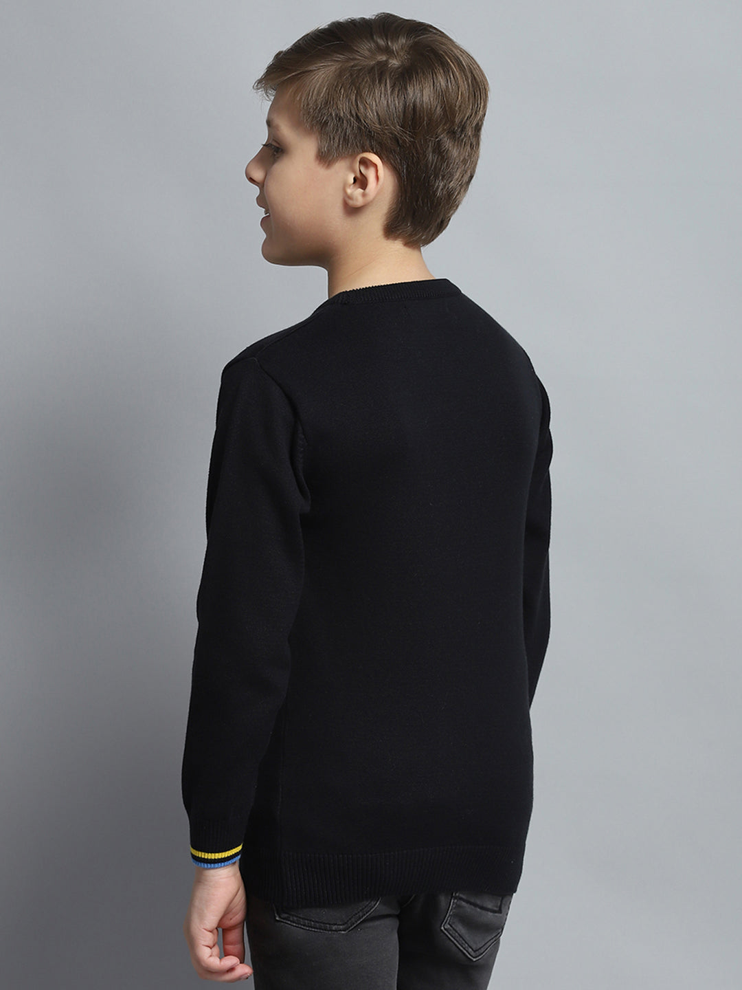 Boys Black Self Design Round Neck Full Sleeve Pullover