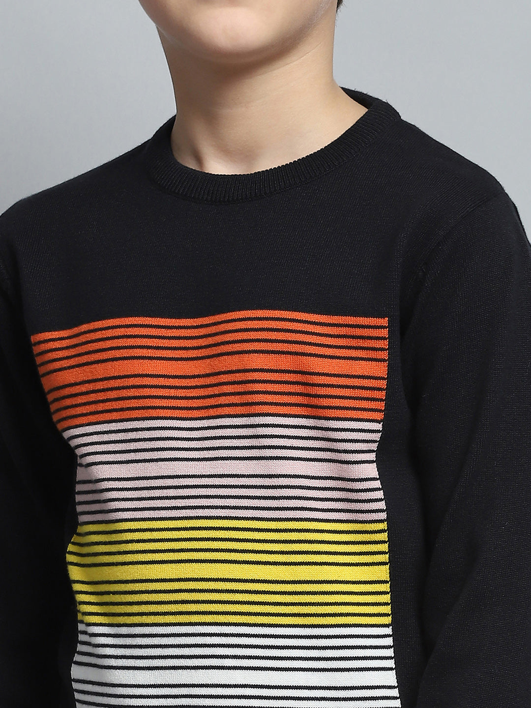 Boys Black Self Design Round Neck Full Sleeve Pullover