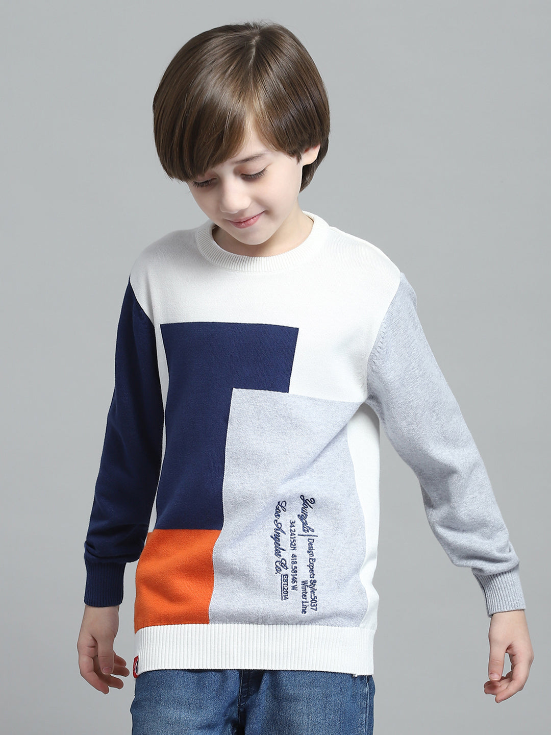 Boys Off White Self Design Round Neck Full Sleeve Pullover