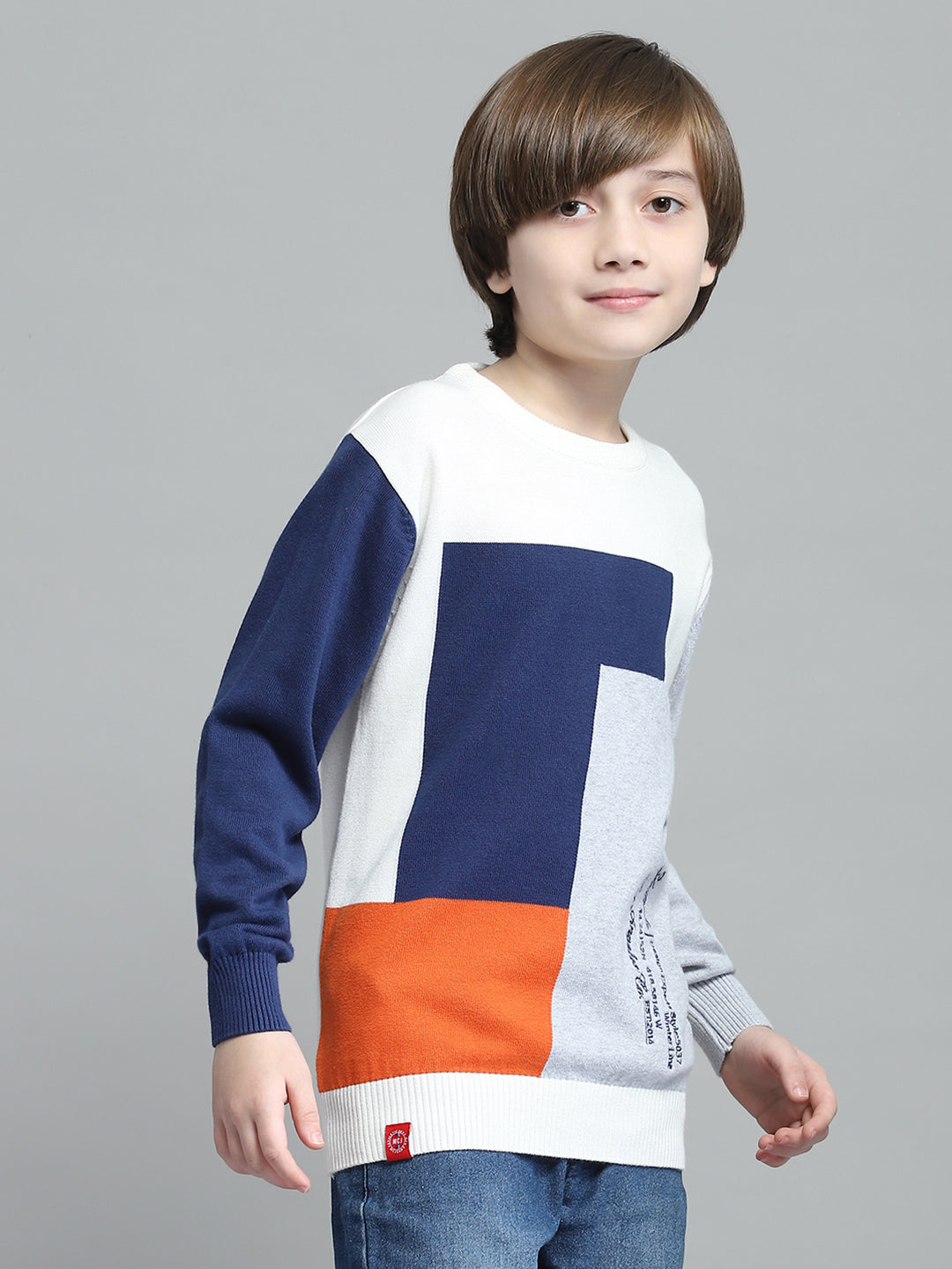 Boys Off White Self Design Round Neck Full Sleeve Pullover