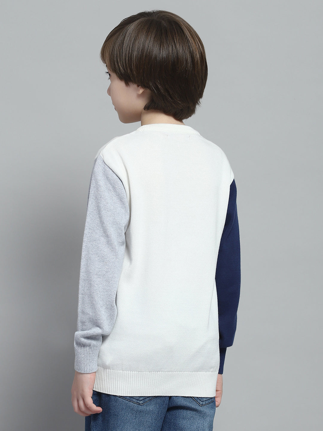 Boys Off White Self Design Round Neck Full Sleeve Pullover