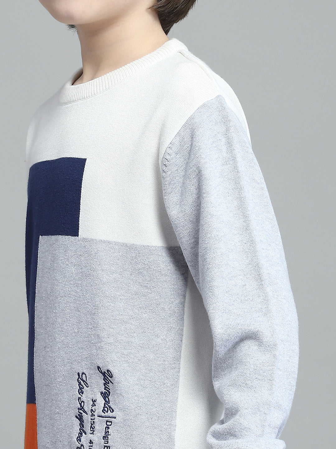 Boys Off White Self Design Round Neck Full Sleeve Pullover