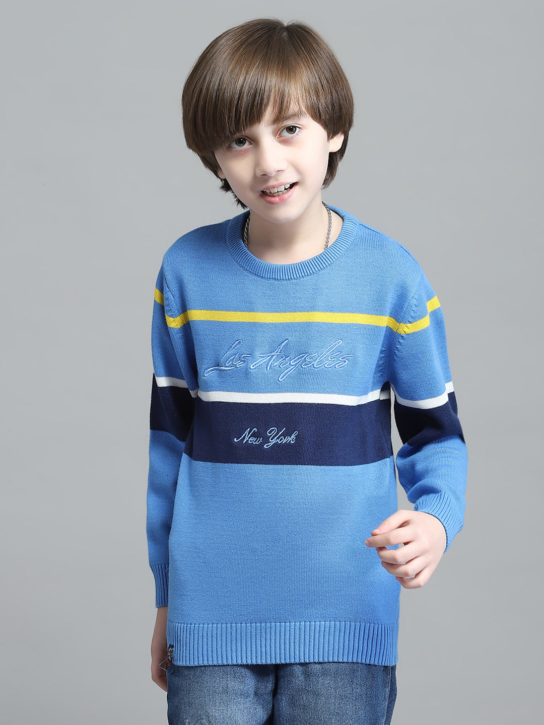 Boys Blue Stripe Round Neck Full Sleeve Pullover