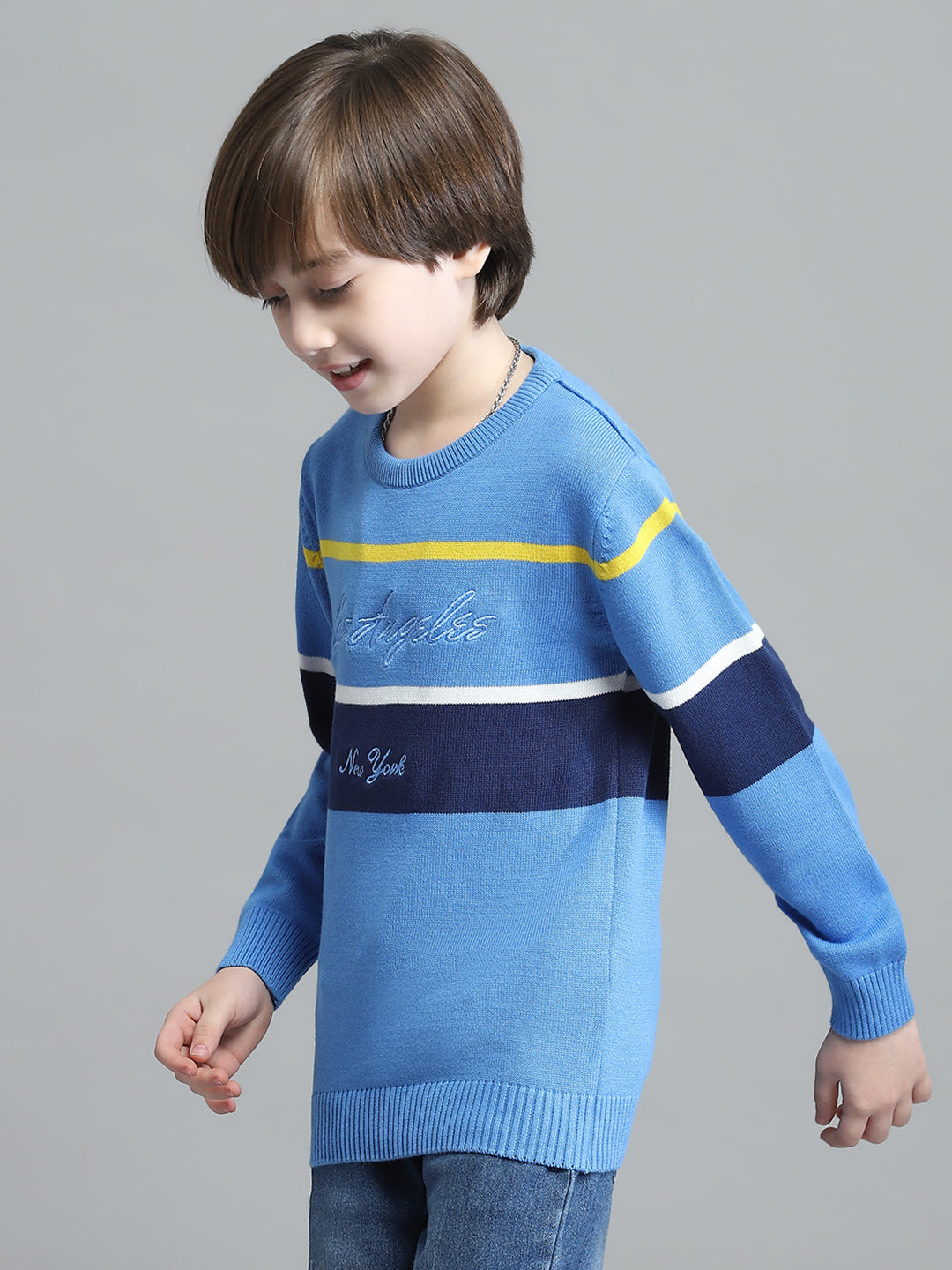 Boys Blue Stripe Round Neck Full Sleeve Pullover
