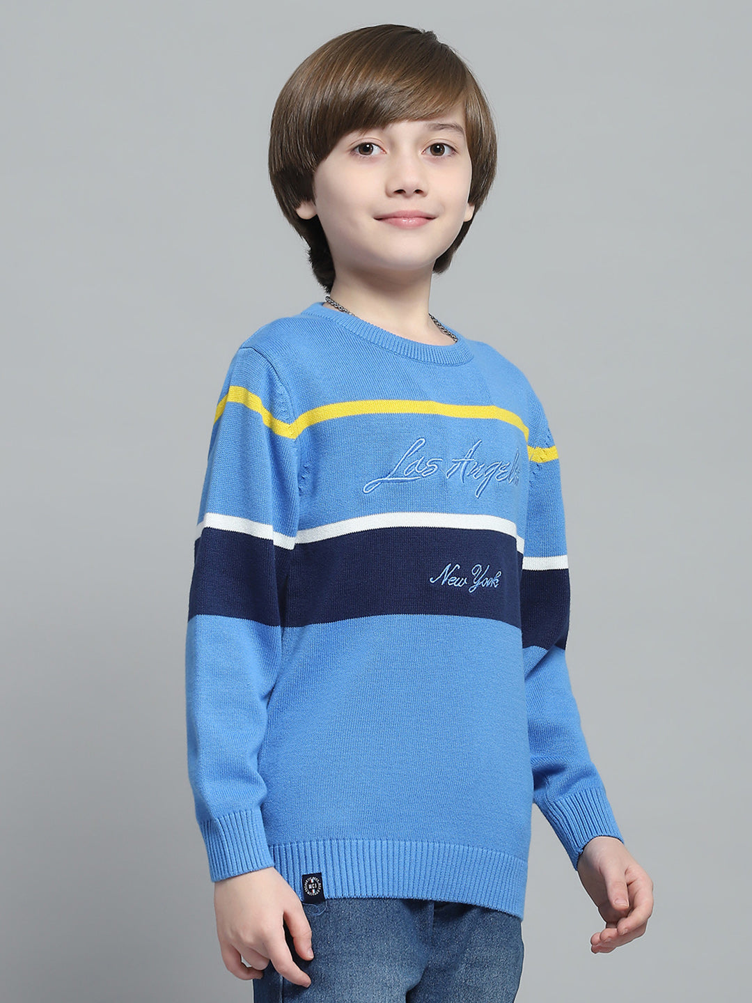 Boys Blue Stripe Round Neck Full Sleeve Pullover