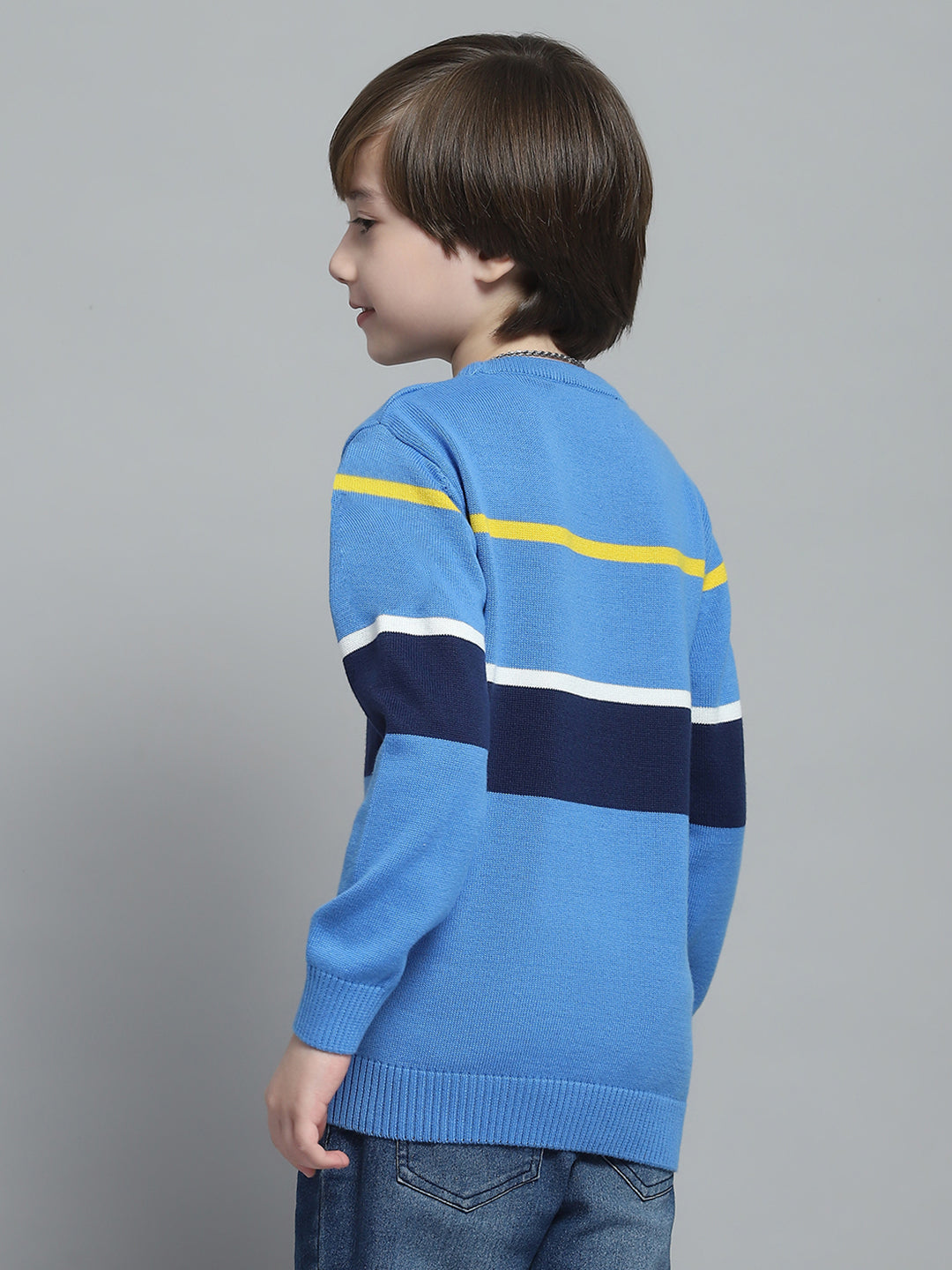Boys Blue Stripe Round Neck Full Sleeve Pullover