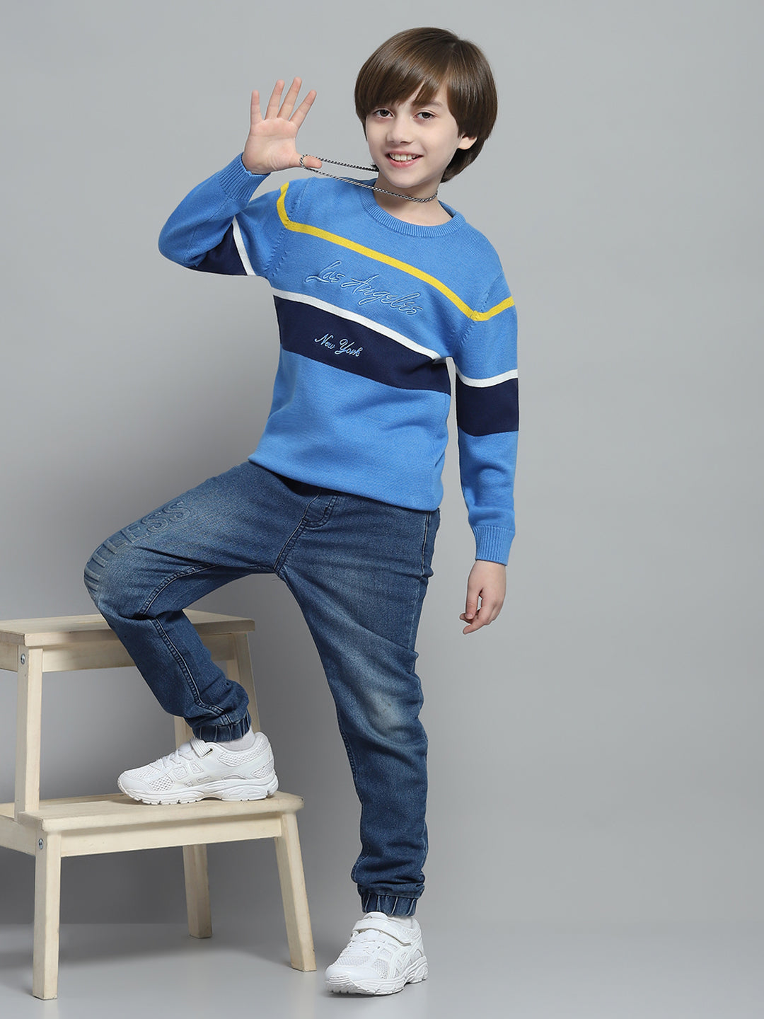 Boys Blue Stripe Round Neck Full Sleeve Pullover