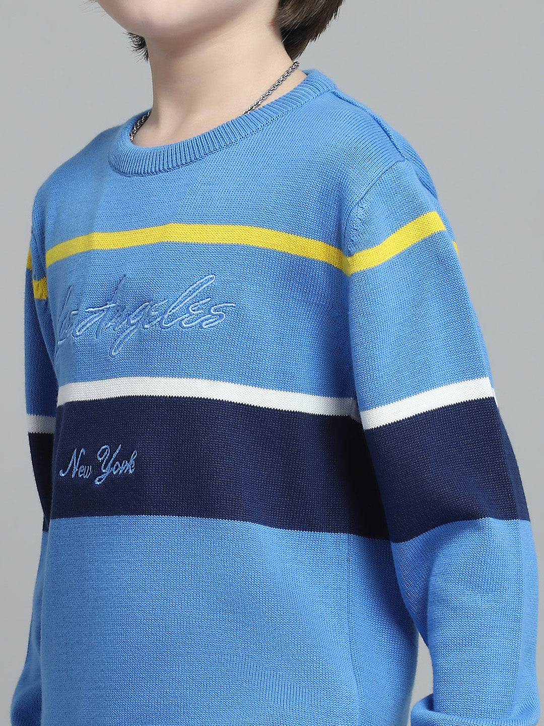 Boys Blue Stripe Round Neck Full Sleeve Pullover
