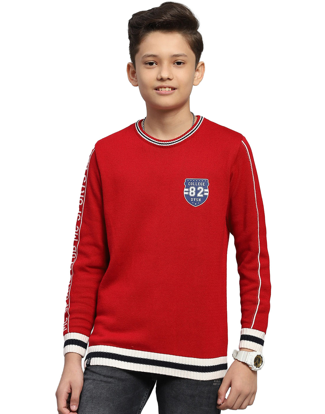 Boys Red Jacquard Round Neck Full Sleeve Pullover