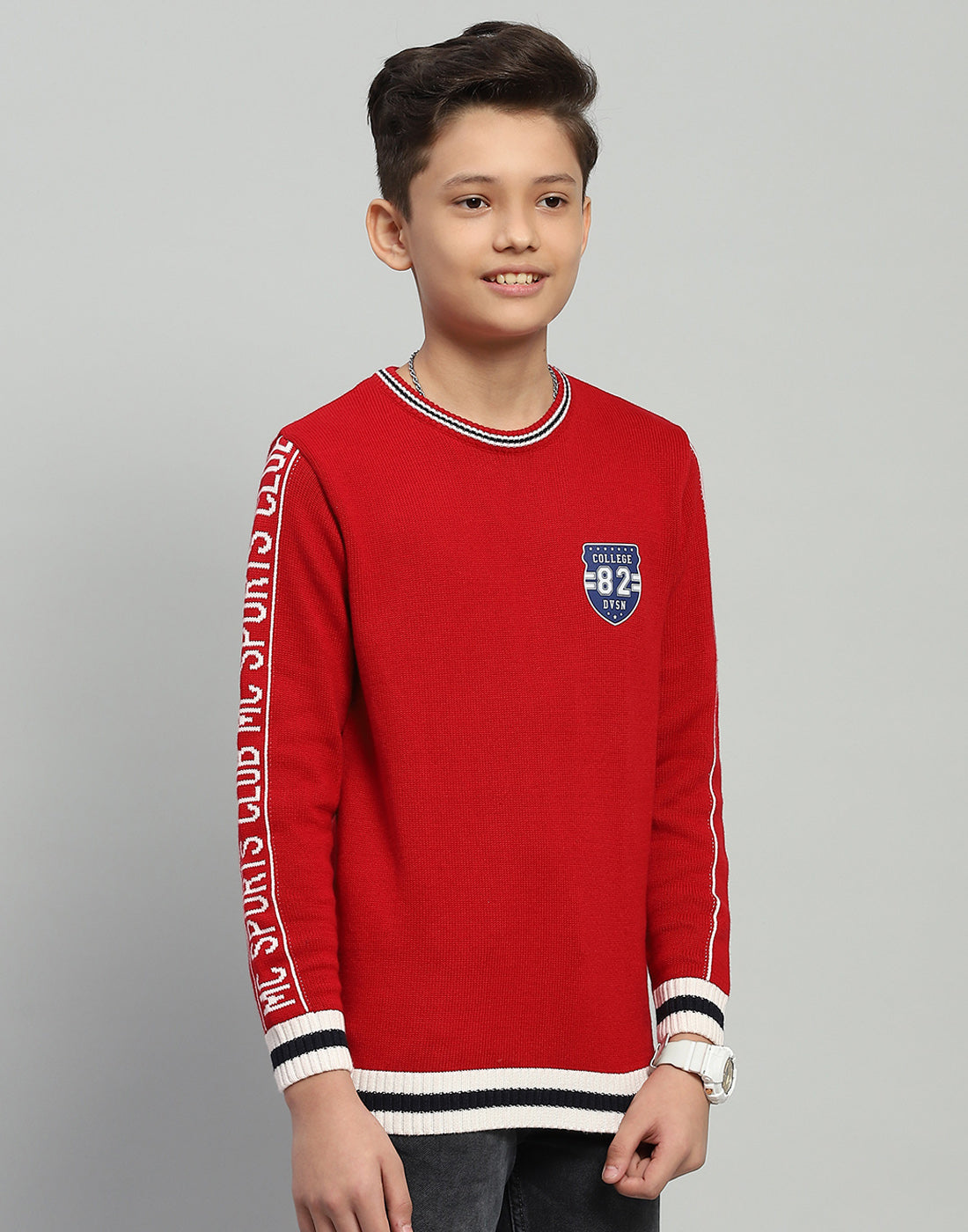 Boys Red Jacquard Round Neck Full Sleeve Pullover