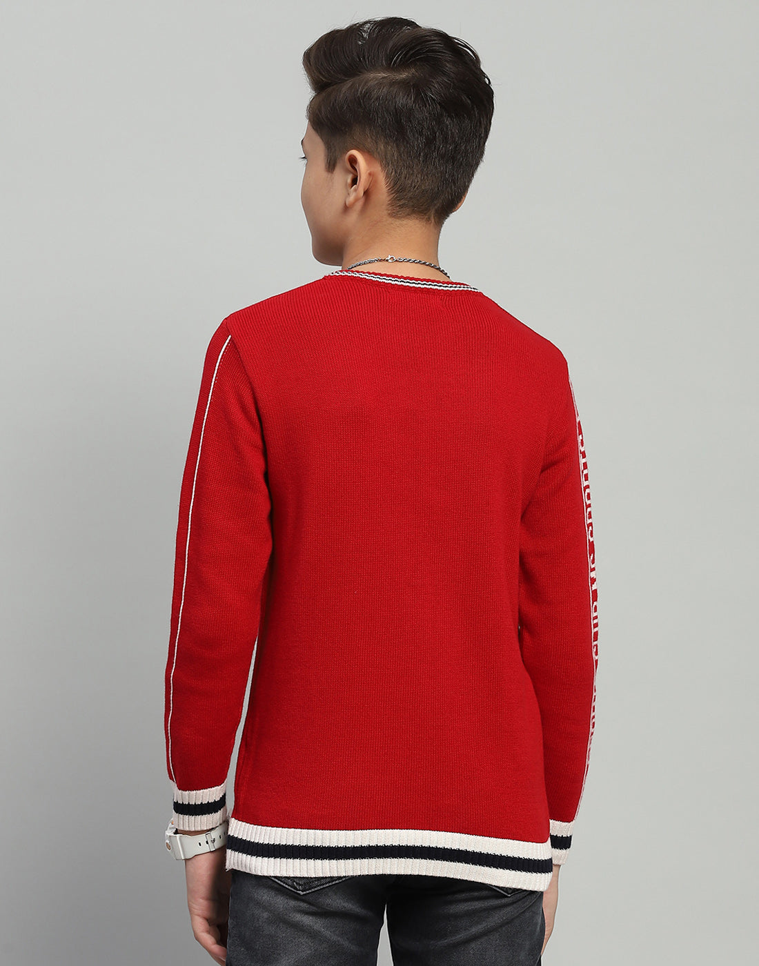 Boys Red Jacquard Round Neck Full Sleeve Pullover