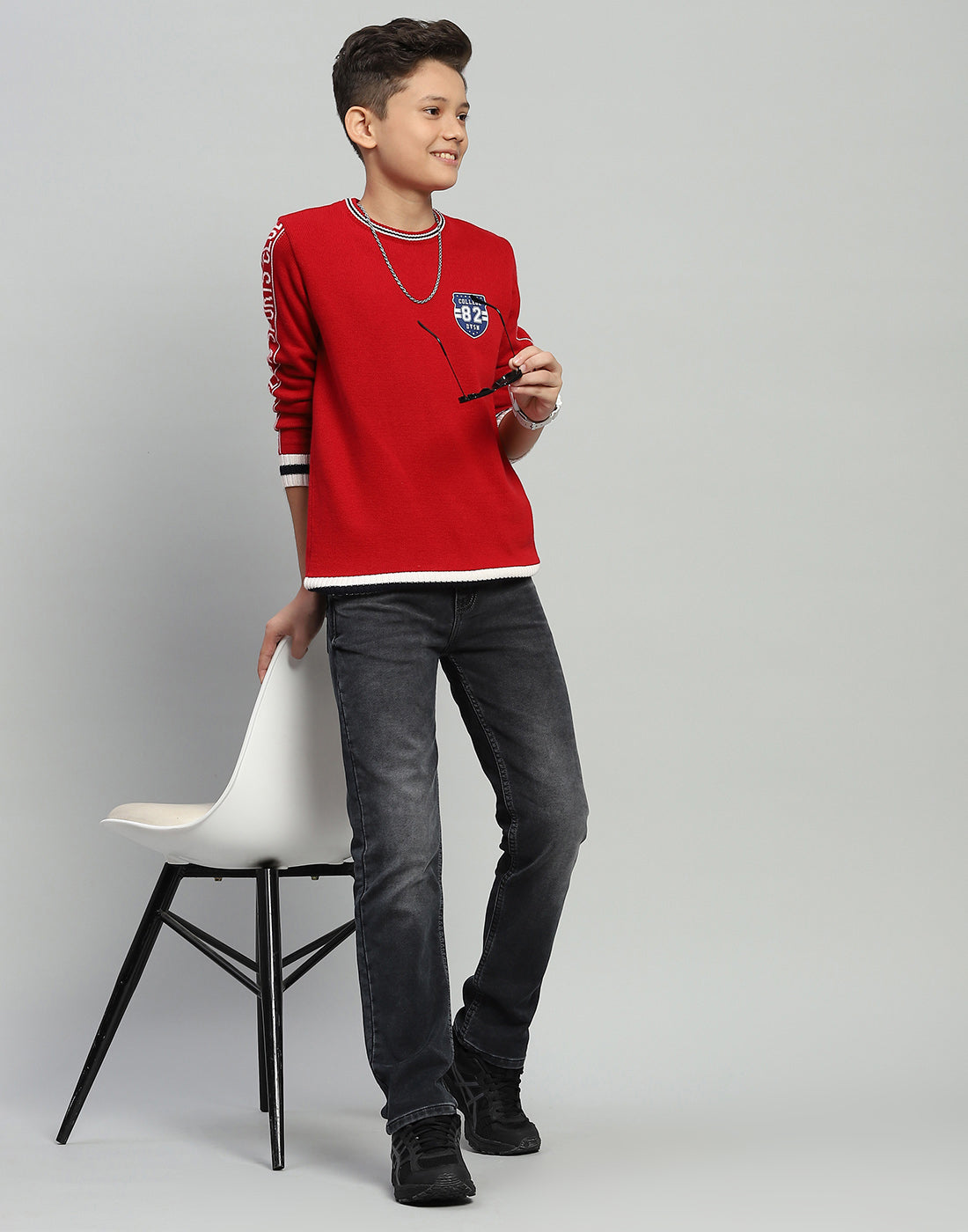 Boys Red Jacquard Round Neck Full Sleeve Pullover