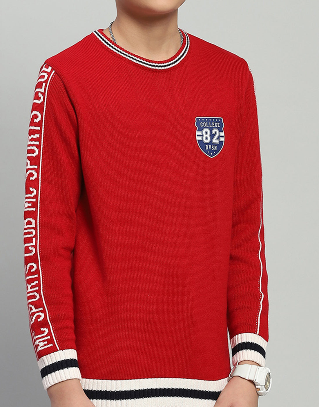 Boys Red Jacquard Round Neck Full Sleeve Pullover