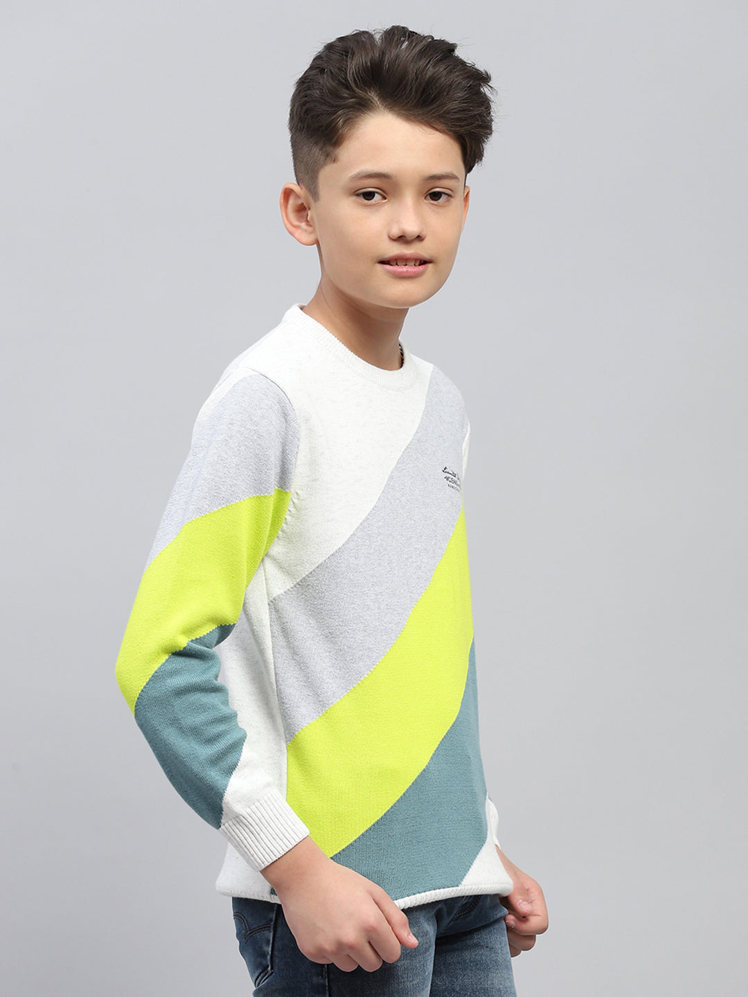 Boys White Self Design Round Neck Full Sleeve Pullover
