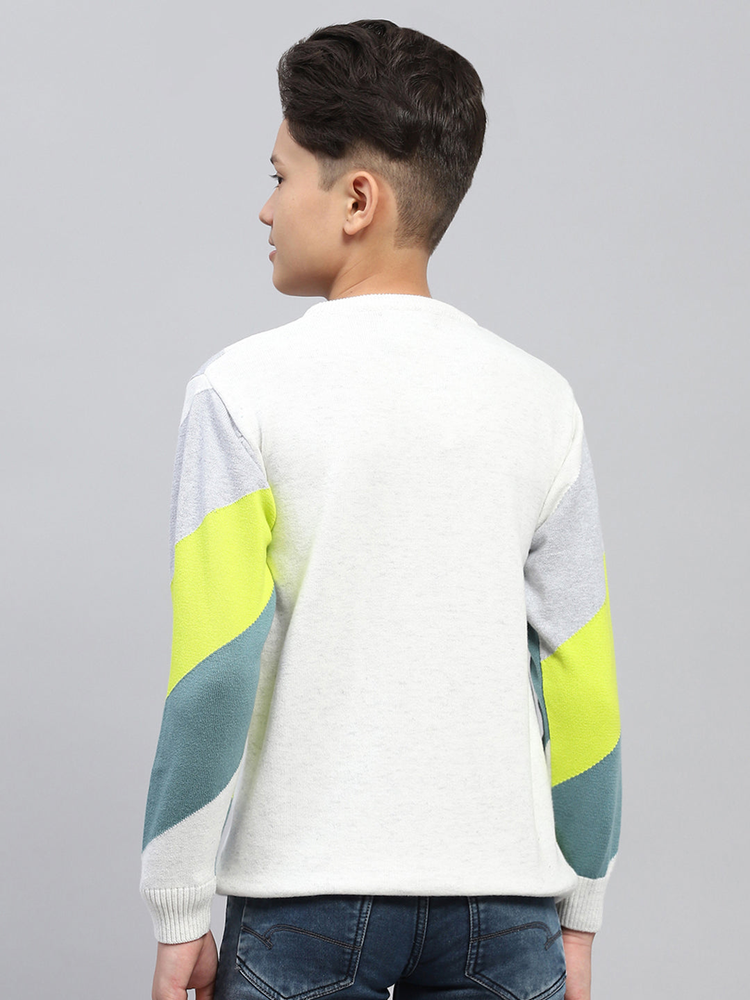 Boys White Self Design Round Neck Full Sleeve Pullover