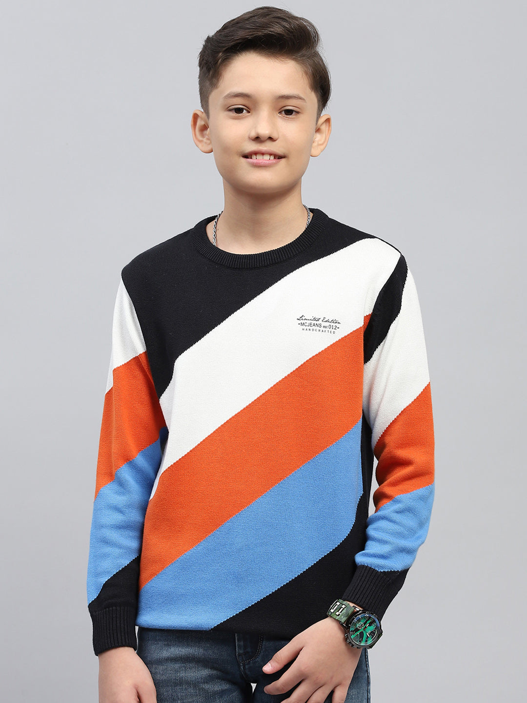 Boys Navy Blue Self Design Round Neck Full Sleeve Pullover
