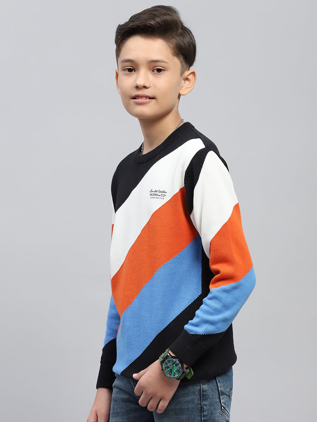 Boys Navy Blue Self Design Round Neck Full Sleeve Pullover