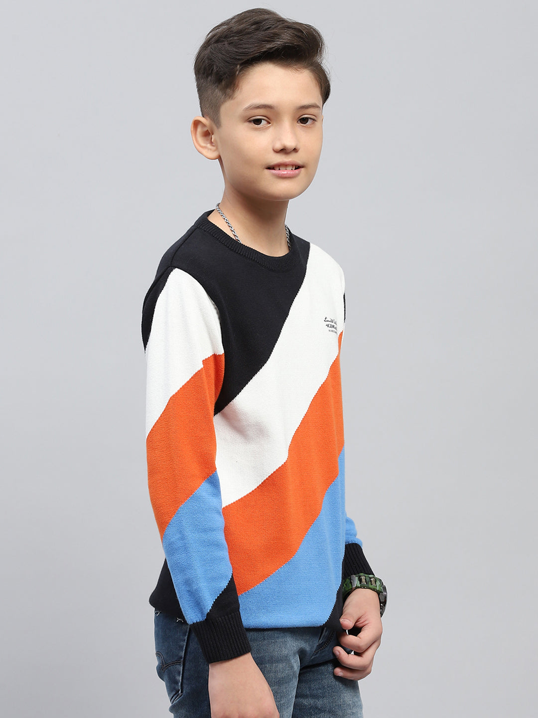 Boys Navy Blue Self Design Round Neck Full Sleeve Pullover
