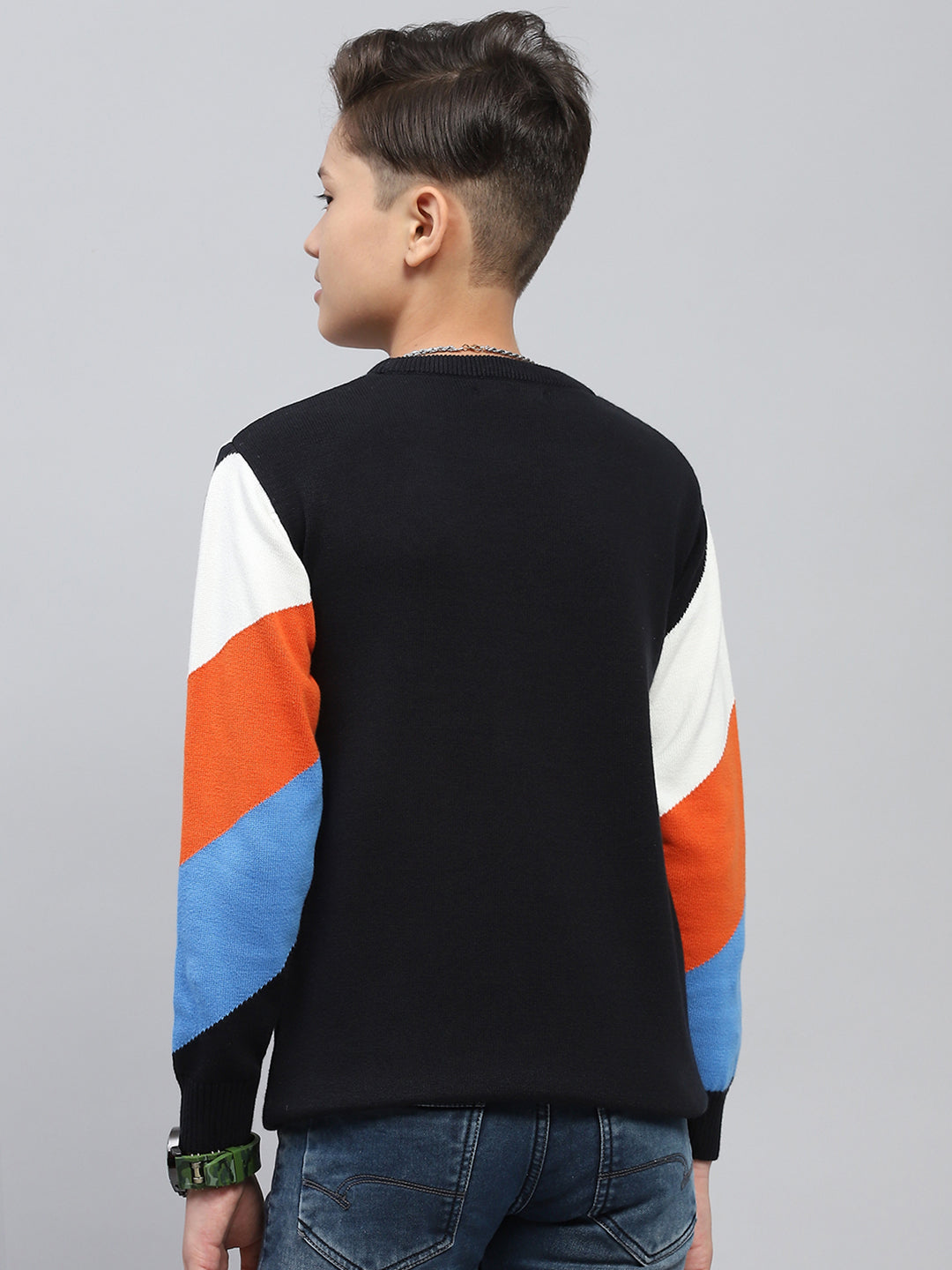 Boys Navy Blue Self Design Round Neck Full Sleeve Pullover